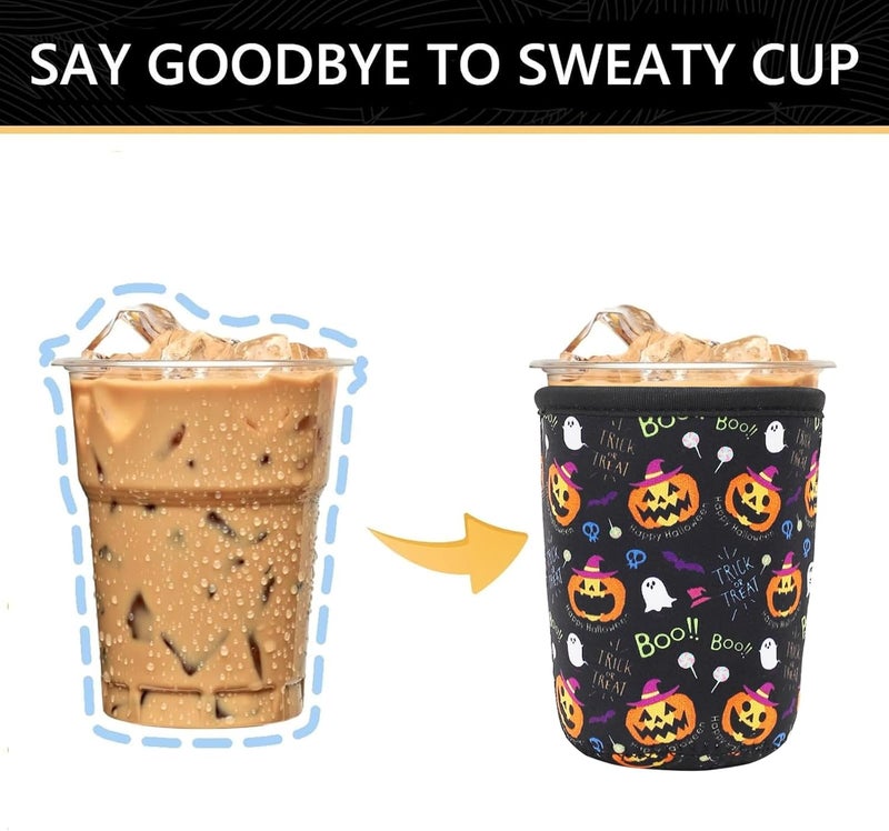 YR Reusable Neoprene Insulator Sleeve for Iced Coffee Cups, 3 Pack Coffee Coolies sleeves for Iced & Hot Drinks, Cold Beverage Cooler Compatible with Starbucks Coffee and More (Halloween Boo) - Image 3